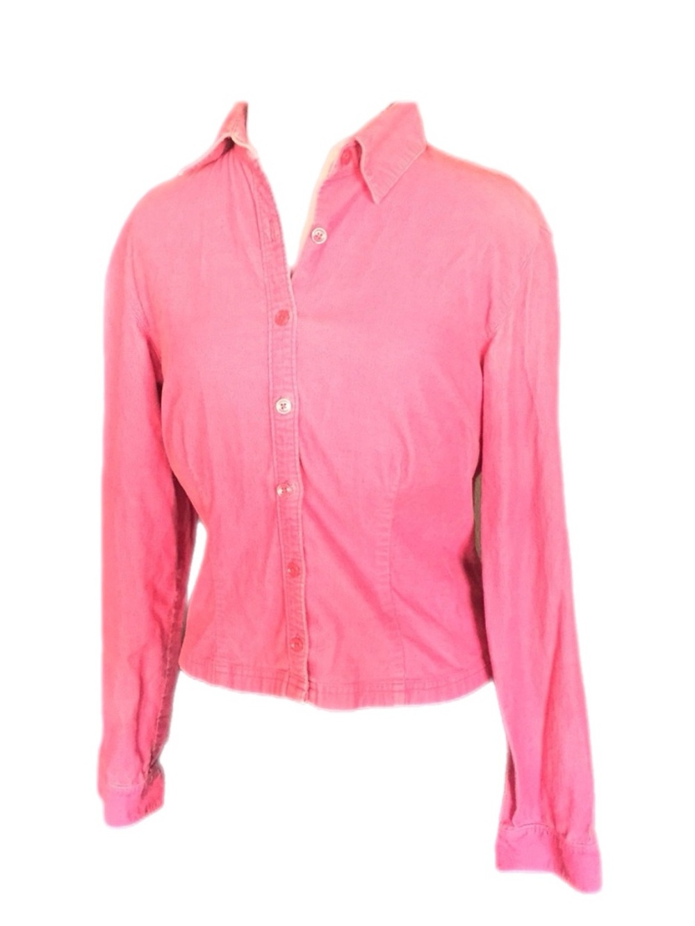 Y2K Vintage Ann Taylor Hot Pink Fitted Stretch Corduroy Button Down Shirt Size 8